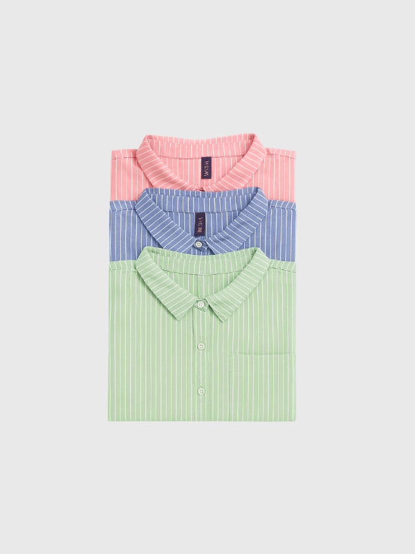 Camisa De Lino Corta A Rayas C/Bolsillo