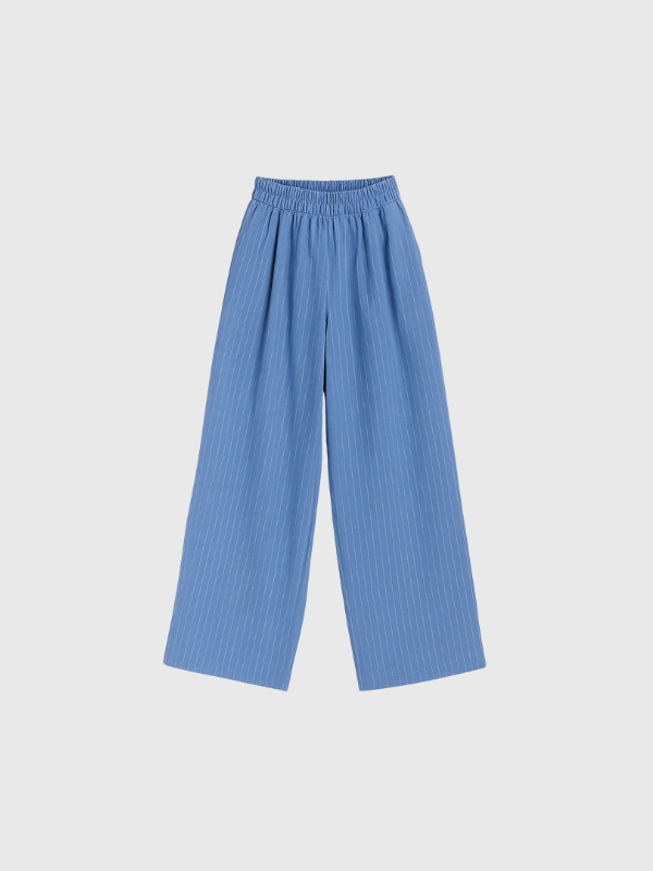 Pantalón Lino Con Rayas Bolsillos Y Elástico