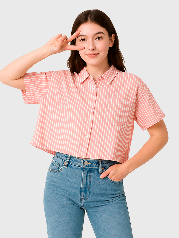 Camisa De Lino Corta A Rayas C/Bolsillo