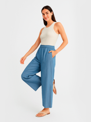 Pantalón Lino Con Rayas Bolsillos Y Elástico