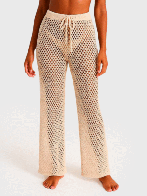 Pantalon Playero Tejido Tipo Red Calado Hilo Algodon Con Cinto Ajustable