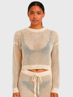 Buzo Playero Manga Larga Tejido Hilo Algodon Tipo Red Calado