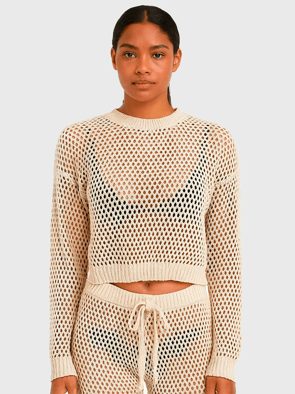 Buzo Playero Manga Larga Tejido Hilo Algodon Tipo Red Calado